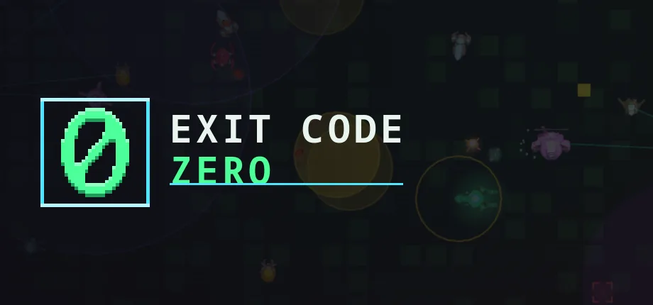 The Exit Code Zero store capsule: a green pixel-art zero crossed by a slash, framed in a cyan box beside the game's title, over a dark field of memory blocks with enemies scattered across it.