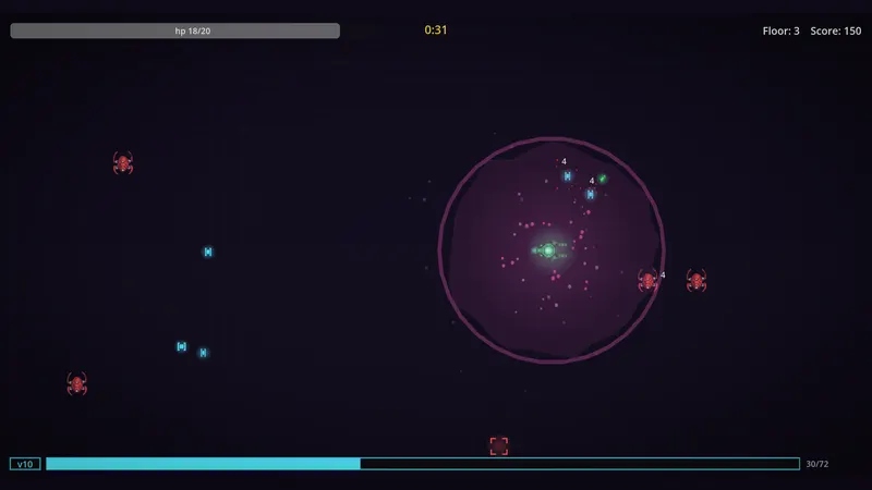 A large purple burst detonating around the process, damage numbers rising off the enemies caught inside it.
