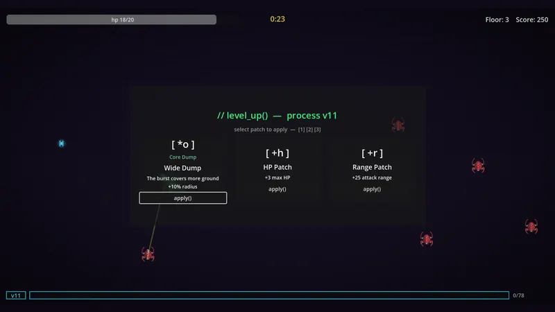 The level-up screen freezing the fight, offering a weapon mechanic, a health patch and a range patch.