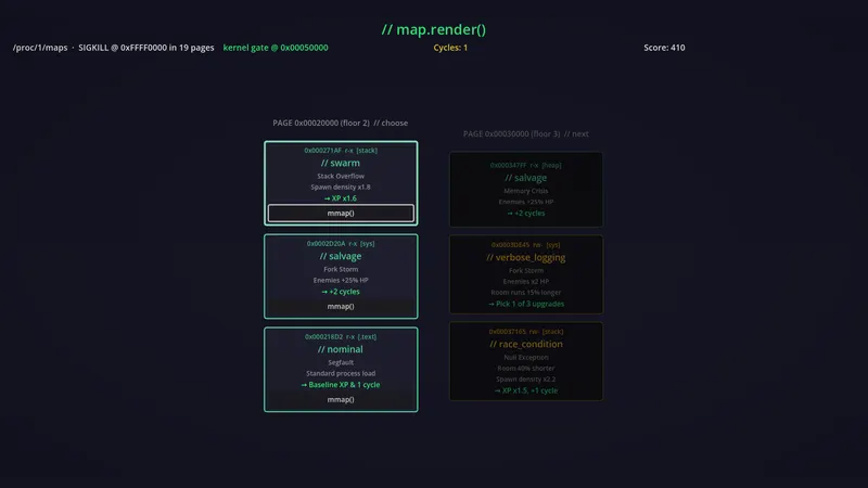 The route screen, showing floor cards with their modifiers, spawn densities and experience multipliers laid out as pages of memory.