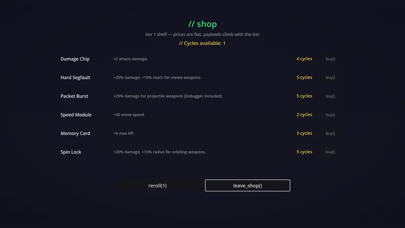 The shop before a boss, listing damage, speed and health upgrades priced in cycles.