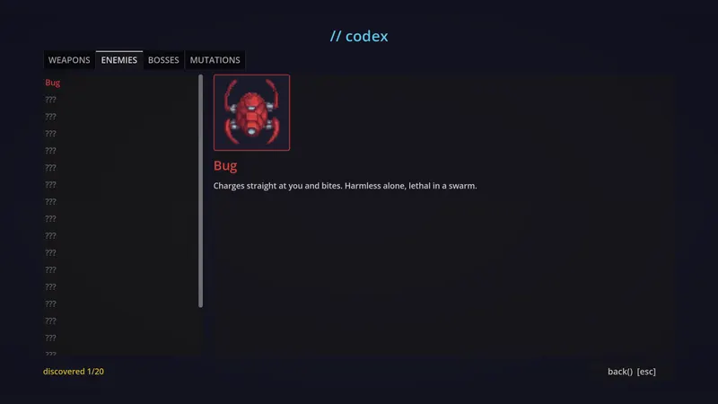 The codex on the enemies tab, one of twenty entries discovered, the rest still listed as question marks.